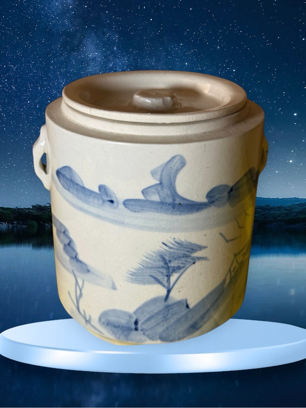 Blue and White Ceramic Lidded Jar with Hand-Painted Landscape